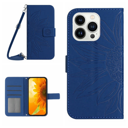 For iPhone 16 Pro Skin Feel Sun Flower Embossed Flip Leather Phone Case with Lanyard(Dark Blue) - iPhone 16 Pro Cases by PMC Jewellery | Online Shopping South Africa | PMC Jewellery | Buy Now Pay Later Mobicred