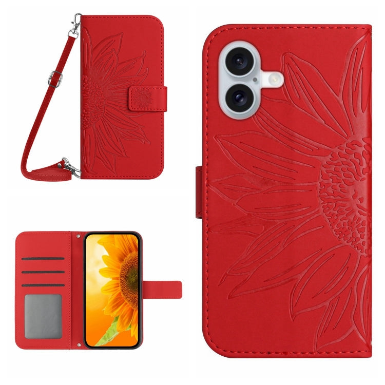 For iPhone 16 Plus Skin Feel Sun Flower Embossed Flip Leather Phone Case with Lanyard(Red) - iPhone 16 Plus Cases by PMC Jewellery | Online Shopping South Africa | PMC Jewellery | Buy Now Pay Later Mobicred