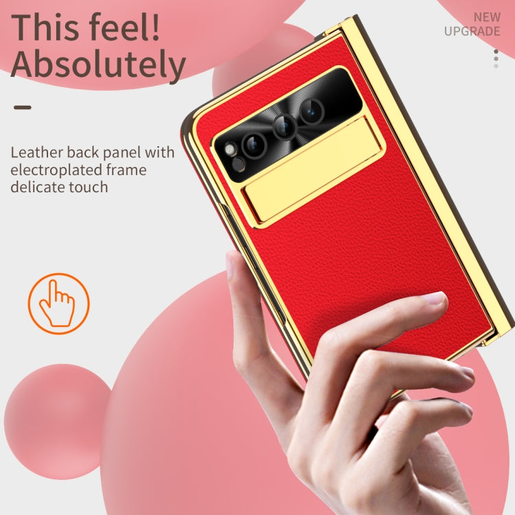 For Google Pixel Fold Litchi Pattern Electroplating Pen Slot Double Hinge Folding Phone Case with Stylus(Red) - Google Cases by PMC TechLife | Online Shopping South Africa | PMC TechLife | Buy Now Pay Later Mobicred