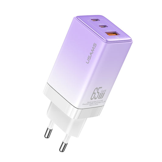 USAMS US-CC180 65W ACC Three Ports GaN Charger, EU Plug(Gradient Purple) - USB Charger by USAMS | Online Shopping South Africa | PMC Jewellery | Buy Now Pay Later Mobicred