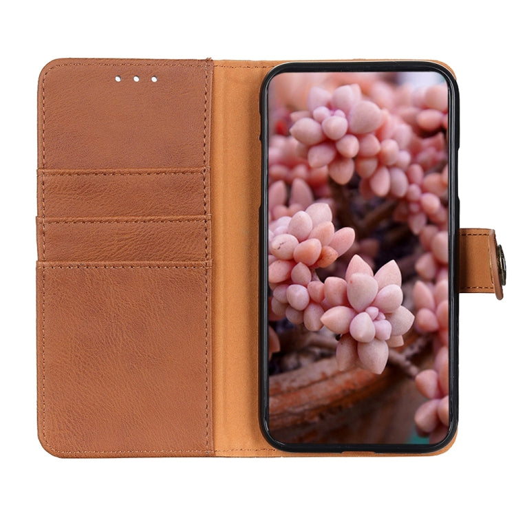For iPhone 16 Plus KHAZNEH Cowhide Texture Horizontal Flip Leather Phone Case(Brown) - iPhone 16 Plus Cases by PMC TechLife | Online Shopping South Africa | PMC TechLife | Buy Now Pay Later Mobicred