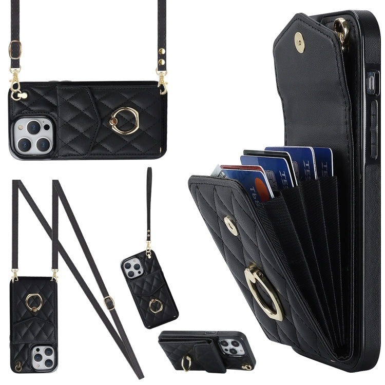 For iPhone 14 Pro Rhombic Texture Card Bag Phone Case with Long Lanyard(Black) - iPhone 14 Pro Cases by PMC Jewellery | Online Shopping South Africa | PMC Jewellery