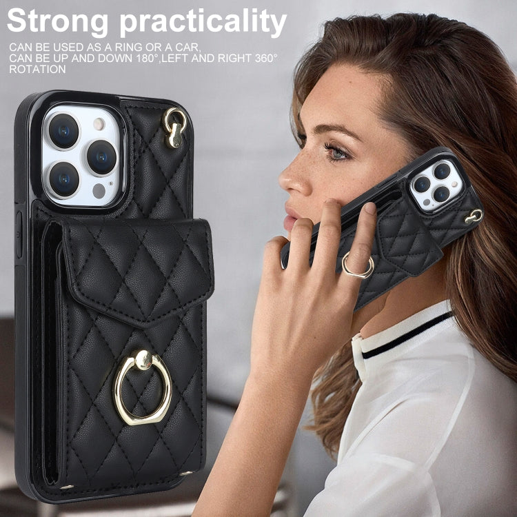 For iPhone 14 Pro Rhombic Texture Card Bag Phone Case with Long Lanyard(Black) - iPhone 14 Pro Cases by PMC Jewellery | Online Shopping South Africa | PMC Jewellery