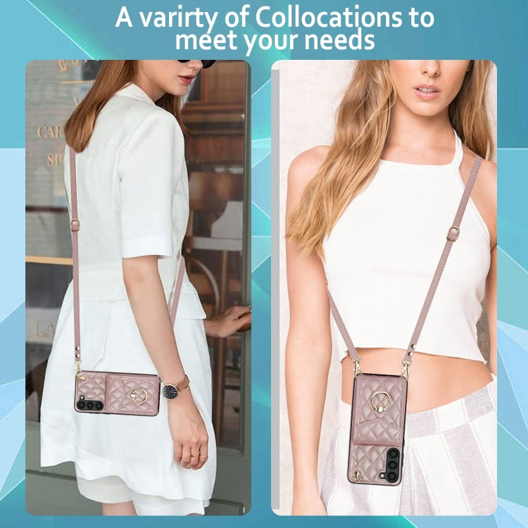 For Samsung Galaxy S24 5G Rhombic Texture Card Bag Phone Case with Long Lanyard(Rose Gold) - Galaxy S24 5G Cases by PMC Jewellery | Online Shopping South Africa | PMC Jewellery | Buy Now Pay Later Mobicred