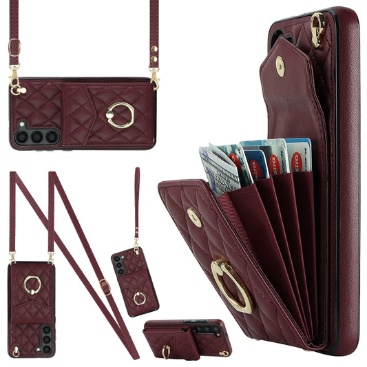 For Samsung Galaxy S24 5G Rhombic Texture Card Bag Phone Case with Long Lanyard(Wine Red) - Galaxy S24 5G Cases by PMC Jewellery | Online Shopping South Africa | PMC Jewellery | Buy Now Pay Later Mobicred