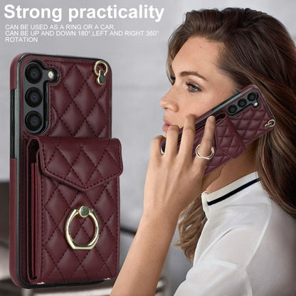 For Samsung Galaxy S24+ 5G Rhombic Texture Card Bag Phone Case with Long Lanyard(Wine Red) - Galaxy S24+ 5G Cases by PMC Jewellery | Online Shopping South Africa | PMC Jewellery | Buy Now Pay Later Mobicred