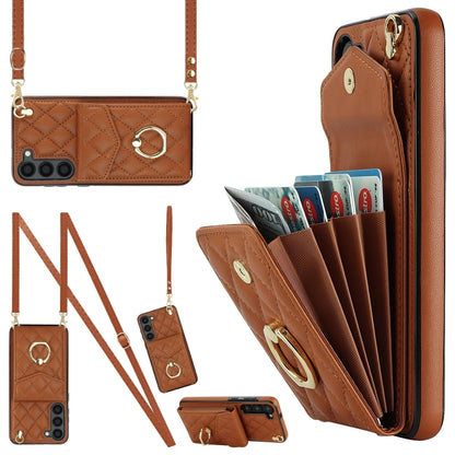 For Samsung Galaxy S24+ 5G Rhombic Texture Card Bag Phone Case with Long Lanyard(Brown) - Galaxy S24+ 5G Cases by PMC Jewellery | Online Shopping South Africa | PMC Jewellery | Buy Now Pay Later Mobicred