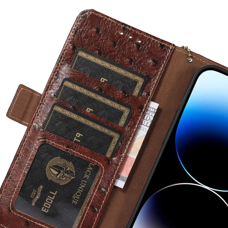 For OnePlus 12 Ostrich Pattern Genuine Leather RFID Phone Case(Coffee) - OnePlus Cases by PMC TechLife | Online Shopping South Africa | PMC TechLife | Buy Now Pay Later Mobicred