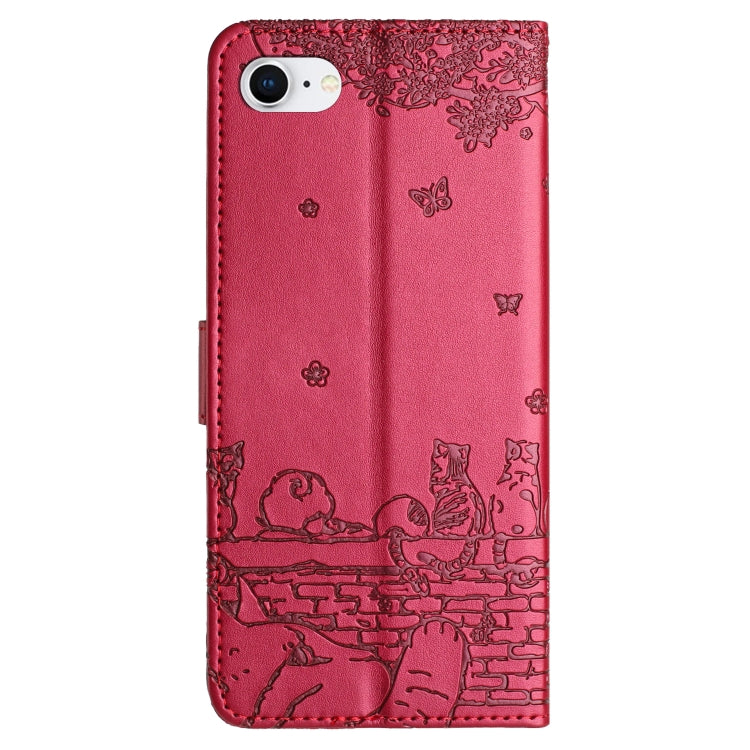 For iPhone SE 2024 Cat Embossing Pattern Leather Phone Case with Lanyard(Red) - More iPhone Cases by PMC Jewellery | Online Shopping South Africa | PMC Jewellery | Buy Now Pay Later Mobicred