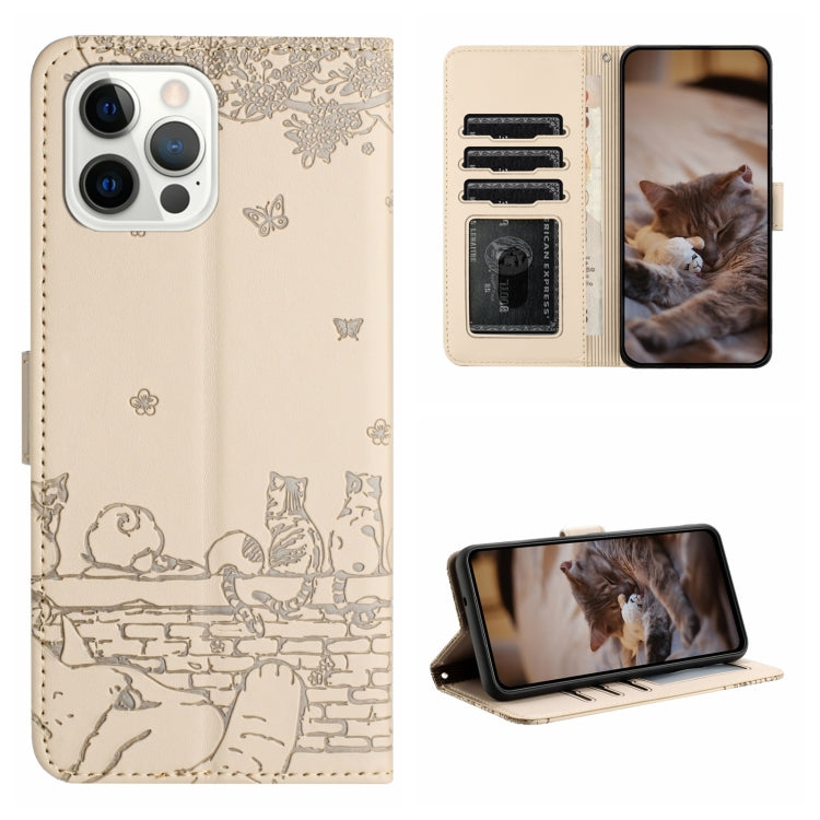 For iPhone 16 Pro Cat Embossing Pattern Leather Phone Case with Lanyard(Beige) - iPhone 16 Pro Cases by PMC Jewellery | Online Shopping South Africa | PMC Jewellery | Buy Now Pay Later Mobicred