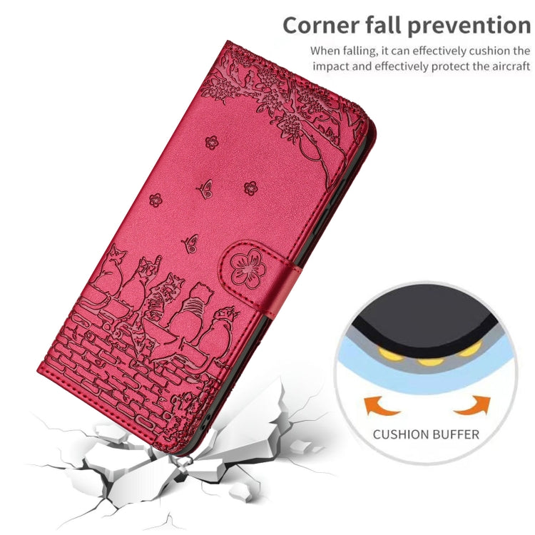 For iPhone 16 Cat Embossing Pattern Leather Phone Case with Lanyard(Red) - iPhone 16 Cases by PMC TechLife | Online Shopping South Africa | PMC TechLife | Buy Now Pay Later Mobicred