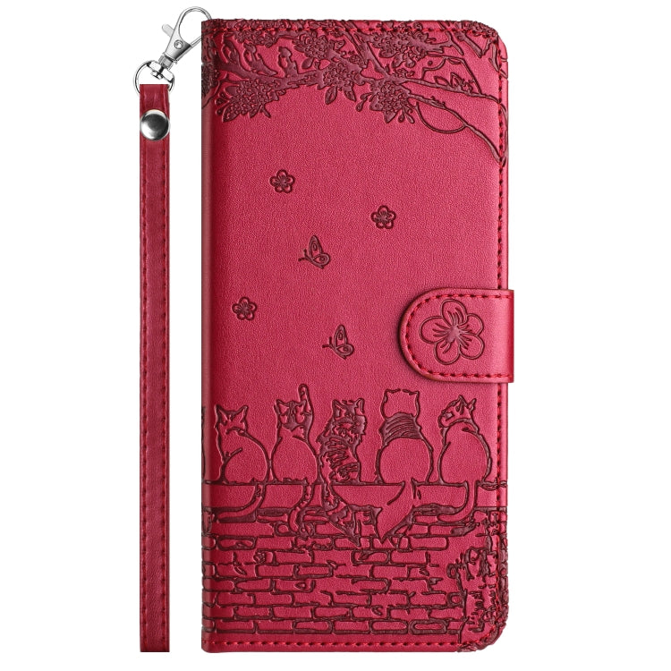 For Samsung Galaxy S22 Cat Embossing Pattern Leather Phone Case with Lanyard(Red) - Galaxy S22 5G Cases by PMC TechLife | Online Shopping South Africa | PMC TechLife