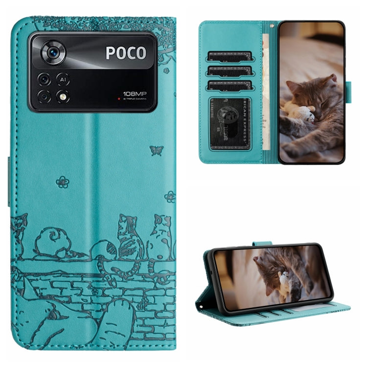 For Xiaomi Poco X4 Pro 5G Cat Embossing Pattern Leather Phone Case with Lanyard(Blue) - Xiaomi Cases by PMC TechLife | Online Shopping South Africa | PMC TechLife | Buy Now Pay Later Mobicred