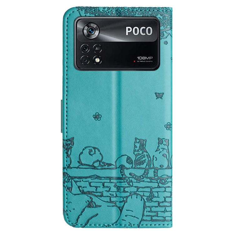 For Xiaomi Poco X4 Pro 5G Cat Embossing Pattern Leather Phone Case with Lanyard(Blue) - Xiaomi Cases by PMC TechLife | Online Shopping South Africa | PMC TechLife | Buy Now Pay Later Mobicred