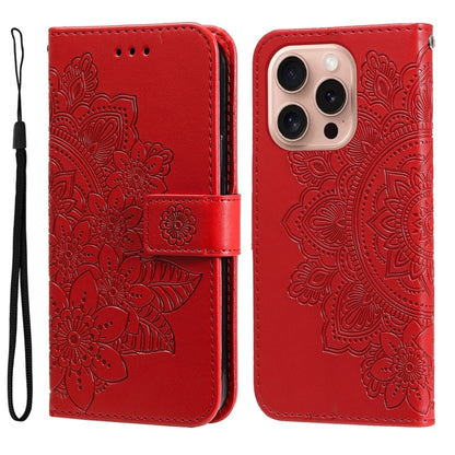 For iPhone 16 Pro 7-petal Flowers Embossing Leather Phone Case(Red) - iPhone 16 Pro Cases by PMC Jewellery | Online Shopping South Africa | PMC Jewellery | Buy Now Pay Later Mobicred