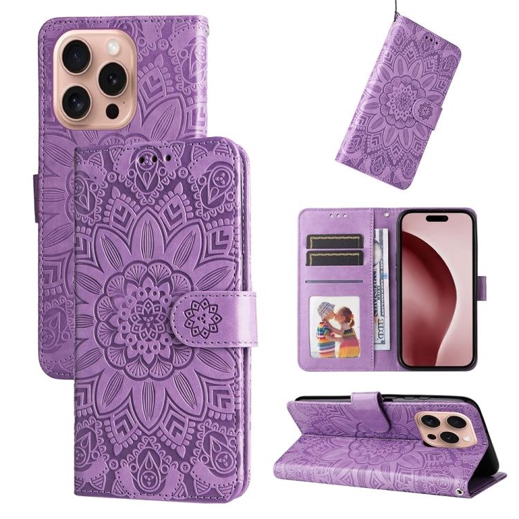 For iPhone 16 Pro Embossed Sunflower Leather Phone Case(Purple) - iPhone 16 Pro Cases by PMC TechLife | Online Shopping South Africa | PMC TechLife | Buy Now Pay Later Mobicred