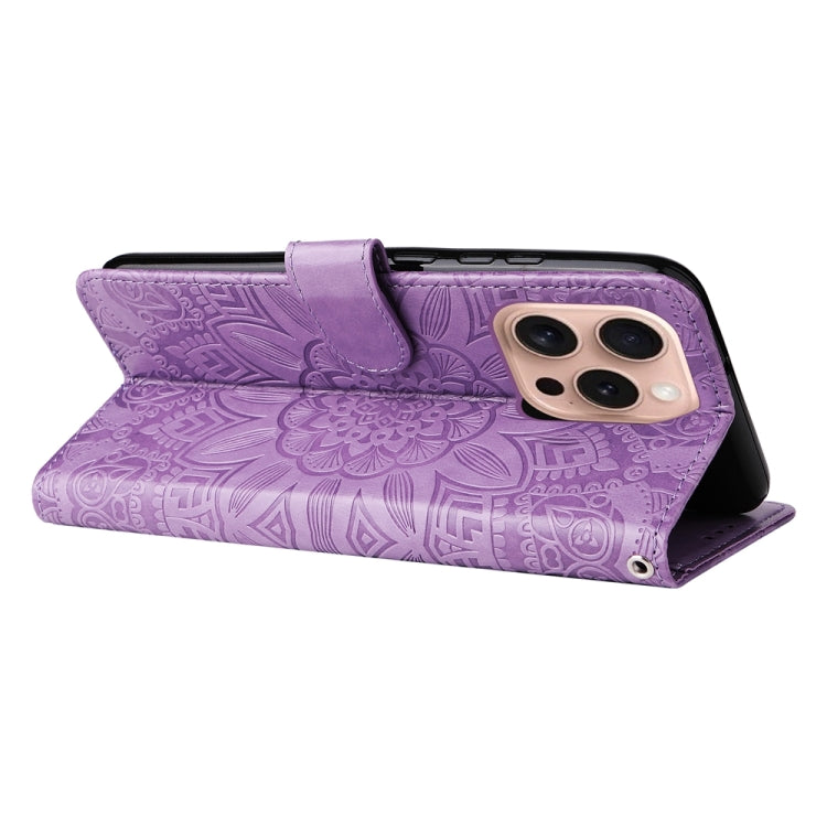 For iPhone 16 Pro Embossed Sunflower Leather Phone Case(Purple) - iPhone 16 Pro Cases by PMC TechLife | Online Shopping South Africa | PMC TechLife | Buy Now Pay Later Mobicred
