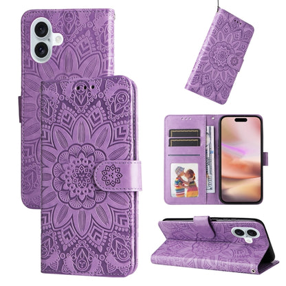 For iPhone 16 Plus Embossed Sunflower Leather Phone Case(Purple) - iPhone 16 Plus Cases by PMC Jewellery | Online Shopping South Africa | PMC Jewellery | Buy Now Pay Later Mobicred