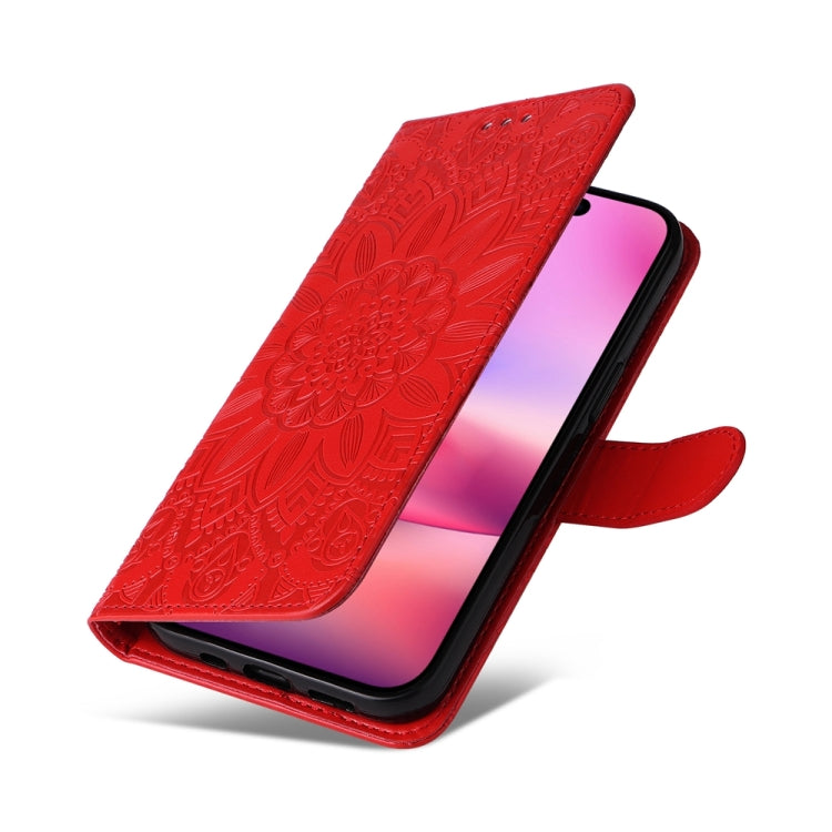 For iPhone 16 Embossed Sunflower Leather Phone Case(Red) - free shipping - PMC TechLife - Order now!