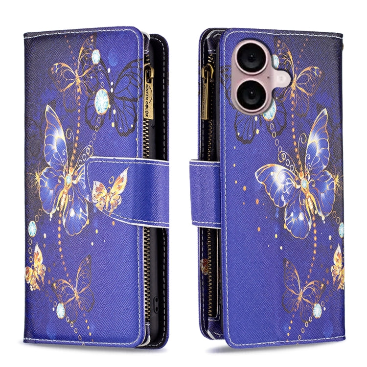 For iPhone 16 Colored Drawing Pattern Zipper Phone Leather Case(Purple Butterfly) - iPhone 16 Cases by PMC Jewellery | Online Shopping South Africa | PMC Jewellery | Buy Now Pay Later Mobicred