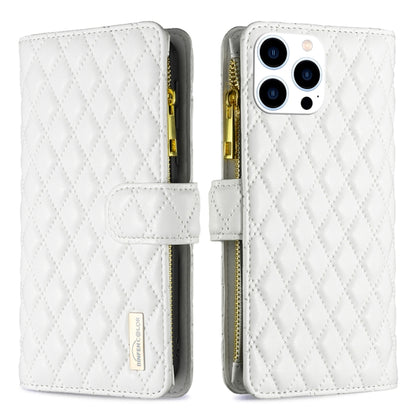 For iPhone 16 Pro Max Diamond Lattice Zipper Wallet Leather Flip Phone Case(White) - iPhone 16 Pro Max Cases by PMC Jewellery | Online Shopping South Africa | PMC Jewellery | Buy Now Pay Later Mobicred