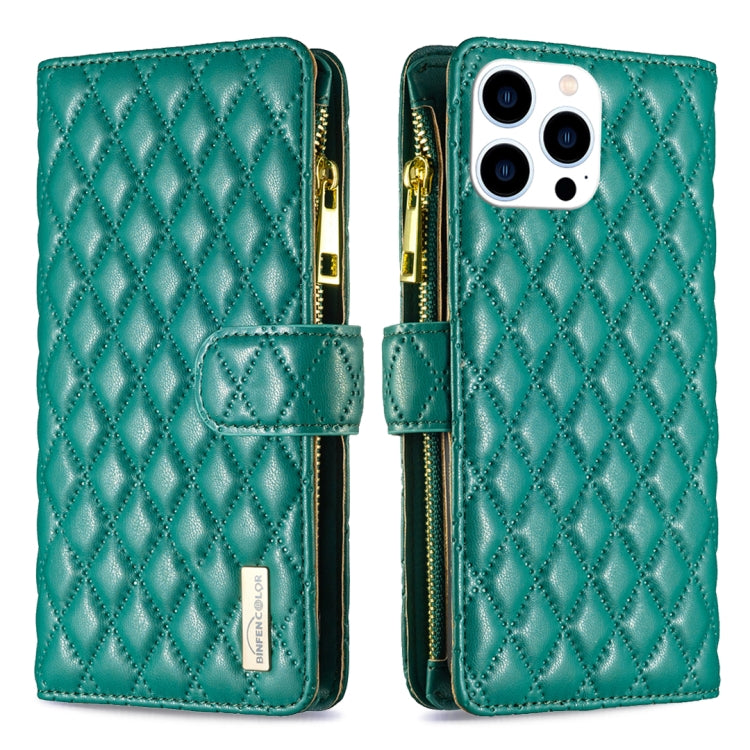 For iPhone 16 Pro Diamond Lattice Zipper Wallet Leather Flip Phone Case(Green) - iPhone 16 Pro Cases by PMC Jewellery | Online Shopping South Africa | PMC Jewellery | Buy Now Pay Later Mobicred