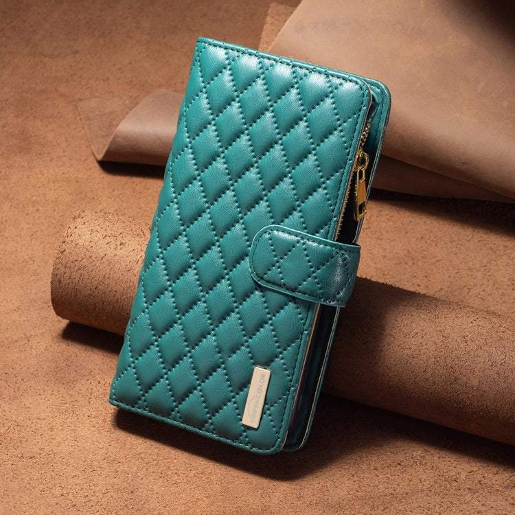For iPhone 16 Diamond Lattice Zipper Wallet Leather Flip Phone Case(Green) - iPhone 16 Cases by PMC TechLife | Online Shopping South Africa | PMC TechLife | Buy Now Pay Later Mobicred