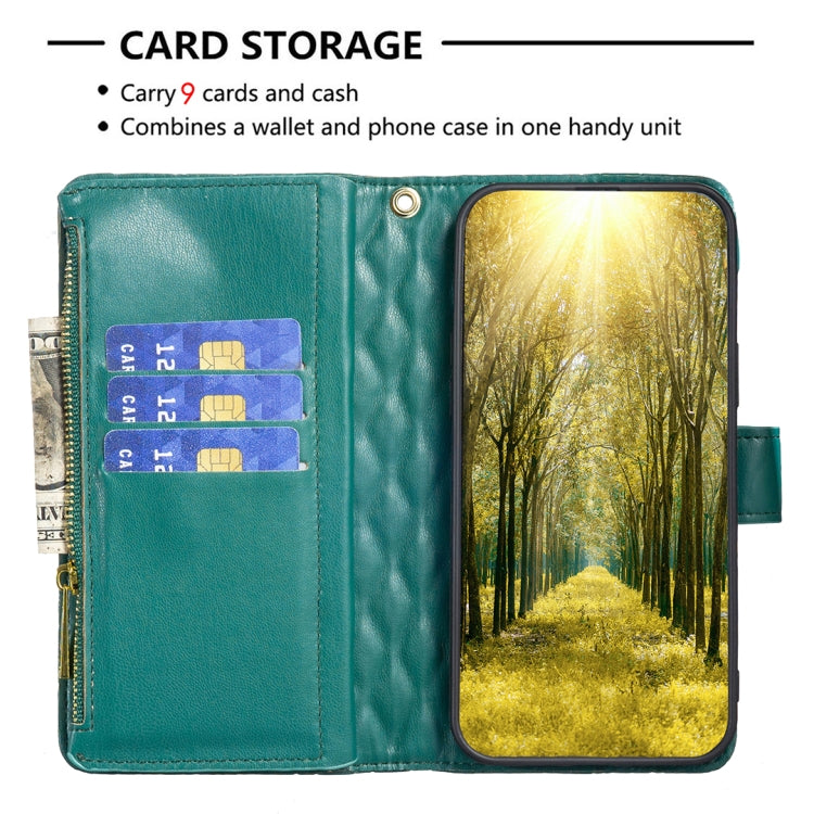 For iPhone 16 Diamond Lattice Zipper Wallet Leather Flip Phone Case(Green) - iPhone 16 Cases by PMC TechLife | Online Shopping South Africa | PMC TechLife | Buy Now Pay Later Mobicred