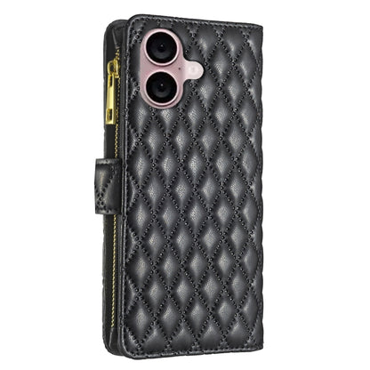 For iPhone 16 Plus Diamond Lattice Zipper Wallet Leather Flip Phone Case(Black) - iPhone 16 Plus Cases by PMC Jewellery | Online Shopping South Africa | PMC Jewellery | Buy Now Pay Later Mobicred