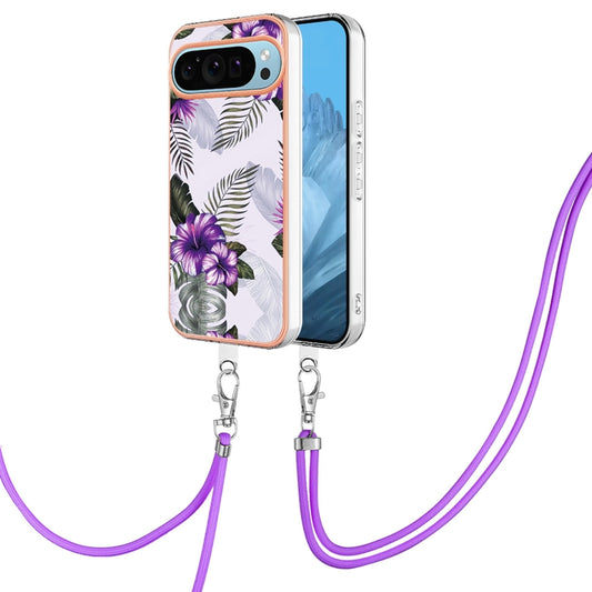 For Google Pixel 9 / 9 Pro Electroplating IMD TPU Phone Case with Lanyard(Purple Flower) - Google Cases by PMC Jewellery | Online Shopping South Africa | PMC Jewellery | Buy Now Pay Later Mobicred