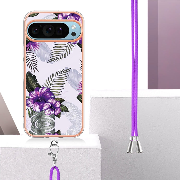 For Google Pixel 9 / 9 Pro Electroplating IMD TPU Phone Case with Lanyard(Purple Flower) - Google Cases by PMC Jewellery | Online Shopping South Africa | PMC Jewellery | Buy Now Pay Later Mobicred