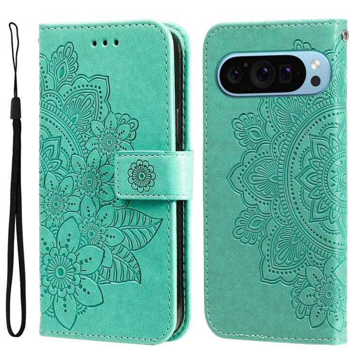 For Google Pixel 9 7-petal Flowers Embossing Leather Phone Case(Green) - Google Cases by PMC Jewellery | Online Shopping South Africa | PMC Jewellery | Buy Now Pay Later Mobicred