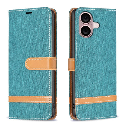 For iPhone 16 Plus Color Block Denim Texture Leather Phone Case(Green) - iPhone 16 Plus Cases by PMC Jewellery | Online Shopping South Africa | PMC Jewellery | Buy Now Pay Later Mobicred