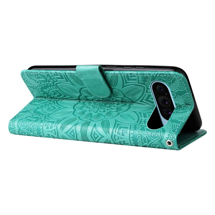 For Google Pixel 9 Embossed Sunflower Leather Phone Case(Green) - Google Cases by PMC Jewellery | Online Shopping South Africa | PMC Jewellery | Buy Now Pay Later Mobicred