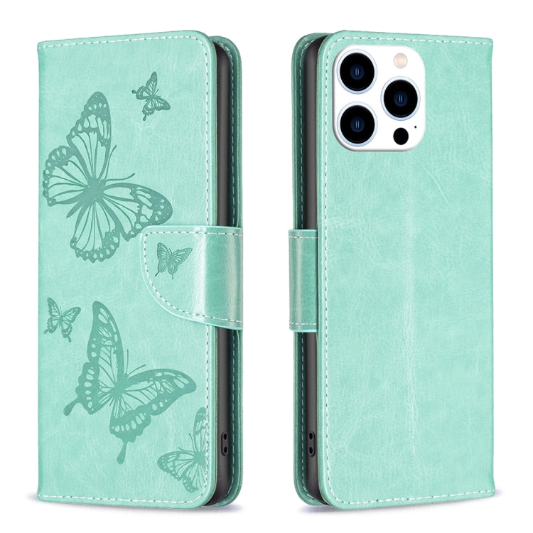For iPhone 16 Pro Max Embossing Two Butterflies Pattern Leather Phone Case(Green) - iPhone 16 Pro Max Cases by PMC TechLife | Online Shopping South Africa | PMC TechLife | Buy Now Pay Later Mobicred