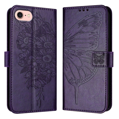 For iPhone SE 2024 Embossed Butterfly Leather Phone Case(Dark Purple) - More iPhone Cases by PMC Jewellery | Online Shopping South Africa | PMC Jewellery | Buy Now Pay Later Mobicred