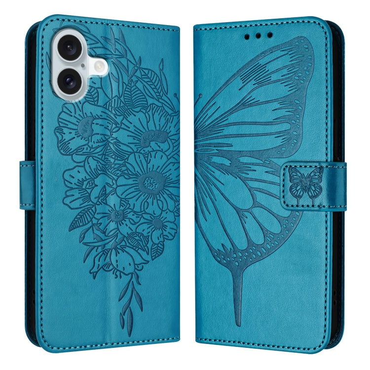 For iPhone 16 Plus Embossed Butterfly Leather Phone Case(Blue) - iPhone 16 Plus Cases by PMC TechLife | Online Shopping South Africa | PMC TechLife | Buy Now Pay Later Mobicred
