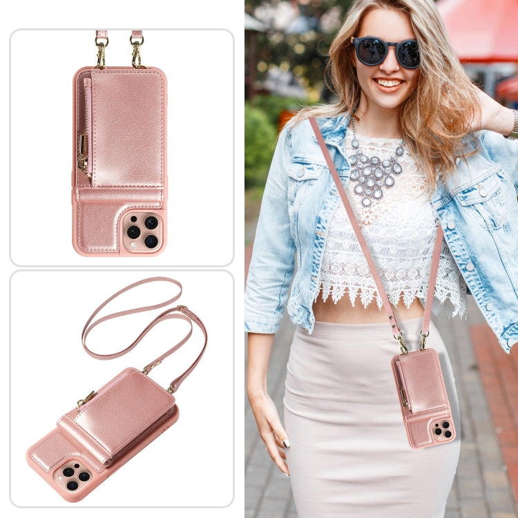 For iPhone 16 Pro Crossbody Lanyard Zipper Wallet Leather Phone Case(Rose Gold) - iPhone 16 Pro Cases by PMC Jewellery | Online Shopping South Africa | PMC Jewellery | Buy Now Pay Later Mobicred