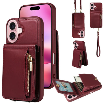 For iPhone 16 Crossbody Lanyard Zipper Wallet Leather Phone Case(Wine Red) - iPhone 16 Cases by PMC Jewellery | Online Shopping South Africa | PMC Jewellery | Buy Now Pay Later Mobicred