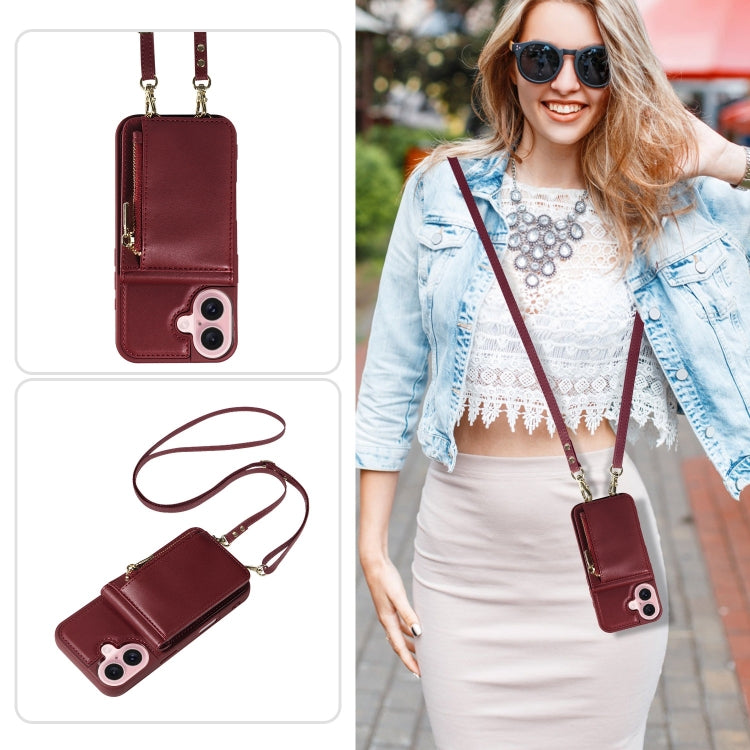 For iPhone 16 Crossbody Lanyard Zipper Wallet Leather Phone Case(Wine Red) - iPhone 16 Cases by PMC Jewellery | Online Shopping South Africa | PMC Jewellery | Buy Now Pay Later Mobicred