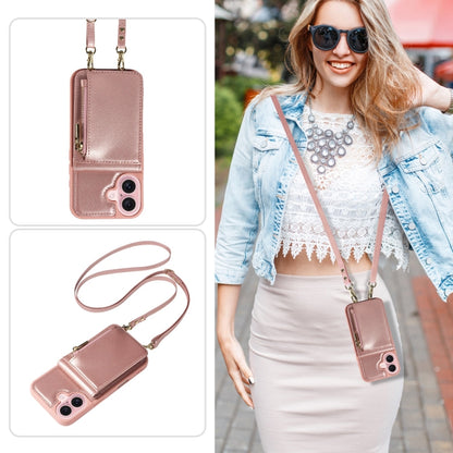 For iPhone 16 Crossbody Lanyard Zipper Wallet Leather Phone Case(Rose Gold) - iPhone 16 Cases by PMC Jewellery | Online Shopping South Africa | PMC Jewellery | Buy Now Pay Later Mobicred