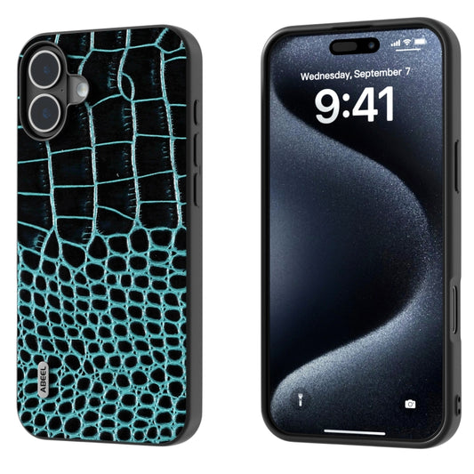 For iPhone 16 Plus ABEEL Genuine Leather Crocodile Pattern Black Edge Phone Case(Blue) - iPhone 16 Plus Cases by PMC Jewellery | Online Shopping South Africa | PMC Jewellery | Buy Now Pay Later Mobicred