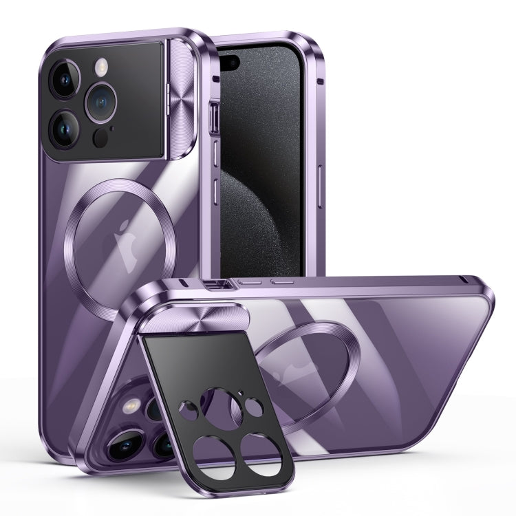 For iPhone 15 Pro Large Window Holder MagSafe Magnetic Metal Phone Case(Purple) - iPhone 15 Pro Cases by PMC Jewellery | Online Shopping South Africa | PMC Jewellery