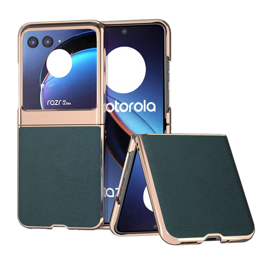 For Motorola Razr 40 Ultra Nano Plating Genuine Leather Luolai Series Phone Case(Dark Green) - Motorola Cases by PMC Jewellery | Online Shopping South Africa | PMC Jewellery | Buy Now Pay Later Mobicred