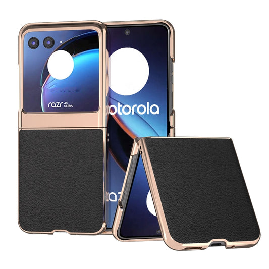 For Motorola Razr 40 Ultra Nano Plating Genuine Leather Luolai Series Phone Case(Black) - Motorola Cases by PMC Jewellery | Online Shopping South Africa | PMC Jewellery | Buy Now Pay Later Mobicred