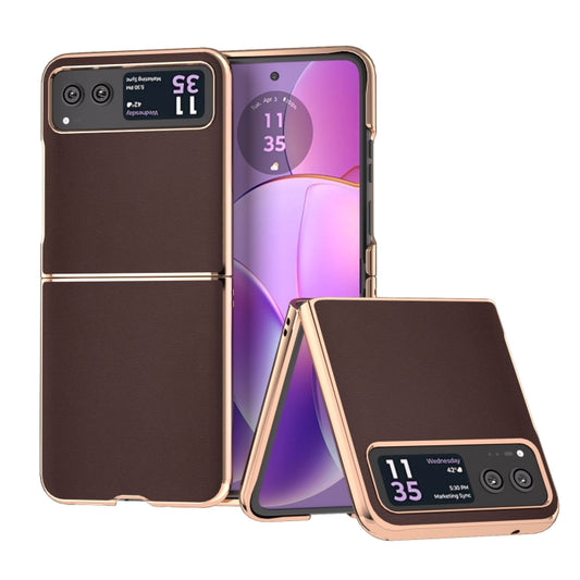 For Motorola Razr 40 Nano Plating Genuine Leather Xiaoya Series Phone Case(Coffee) - Motorola Cases by PMC Jewellery | Online Shopping South Africa | PMC Jewellery | Buy Now Pay Later Mobicred