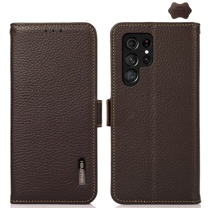 For Samsung Galaxy S24 Ultra KHAZNEH Side-Magnetic Litchi Genuine Leather RFID Phone Case(Brown) - Galaxy Phone Cases by PMC Jewellery | Online Shopping South Africa | PMC Jewellery | Buy Now Pay Later Mobicred