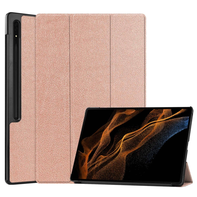 For Samsung Galaxy Tab S10 Ultra / S9 Ultra Custer Pure Color 3-Fold Holder Smart Leather Tablet Case(Rose Gold) - Galaxy Tab S9 Ultra Cases by PMC Jewellery | Online Shopping South Africa | PMC Jewellery | Buy Now Pay Later Mobicred