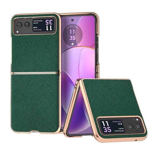 For Motorola Razr 40 Nano Electroplating Cross Texture Genuine Leather Phone Case(Green) - Motorola Cases by PMC Jewellery | Online Shopping South Africa | PMC Jewellery | Buy Now Pay Later Mobicred