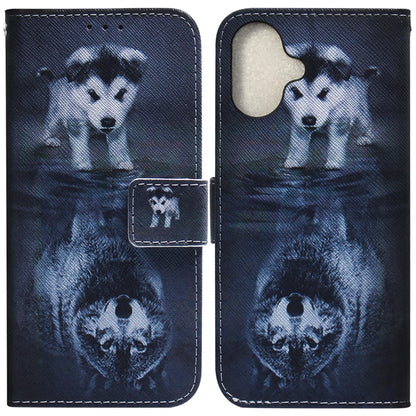 For iPhone 16 Coloured Drawing Flip Leather Phone Case(Wolf and Dog) - iPhone 16 Cases by PMC Jewellery | Online Shopping South Africa | PMC Jewellery | Buy Now Pay Later Mobicred